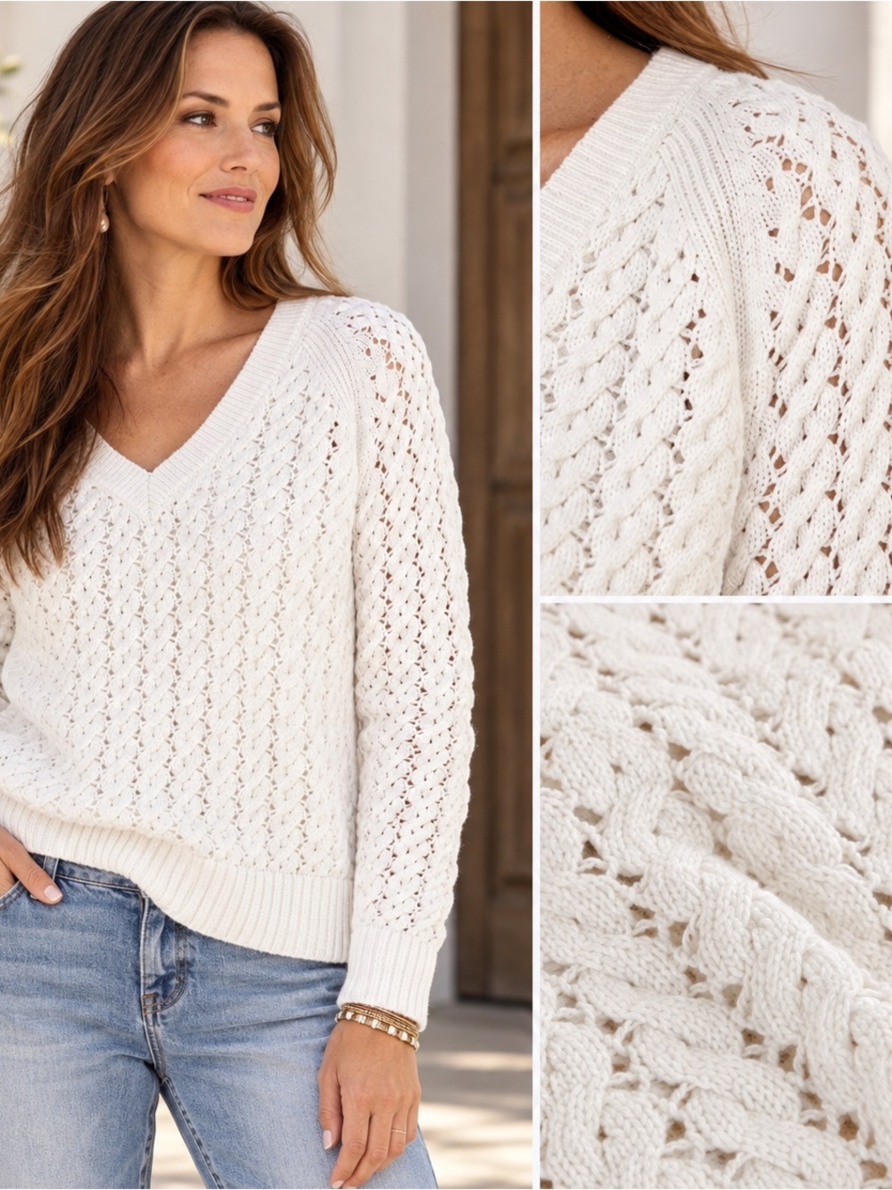 Talbots Open Stitch Cable Cotton Knit V-Neck White Sweater L